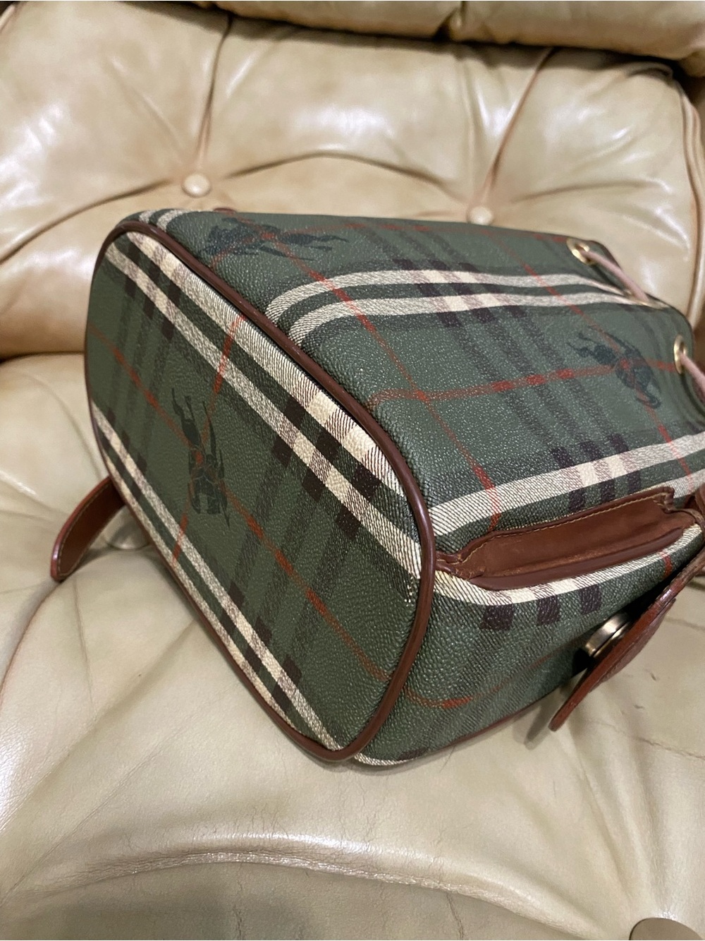 Vintage Burberry Sling Bag Drawstring Olive Haymarket Check Canvas Leather - Picture 7 of 16
